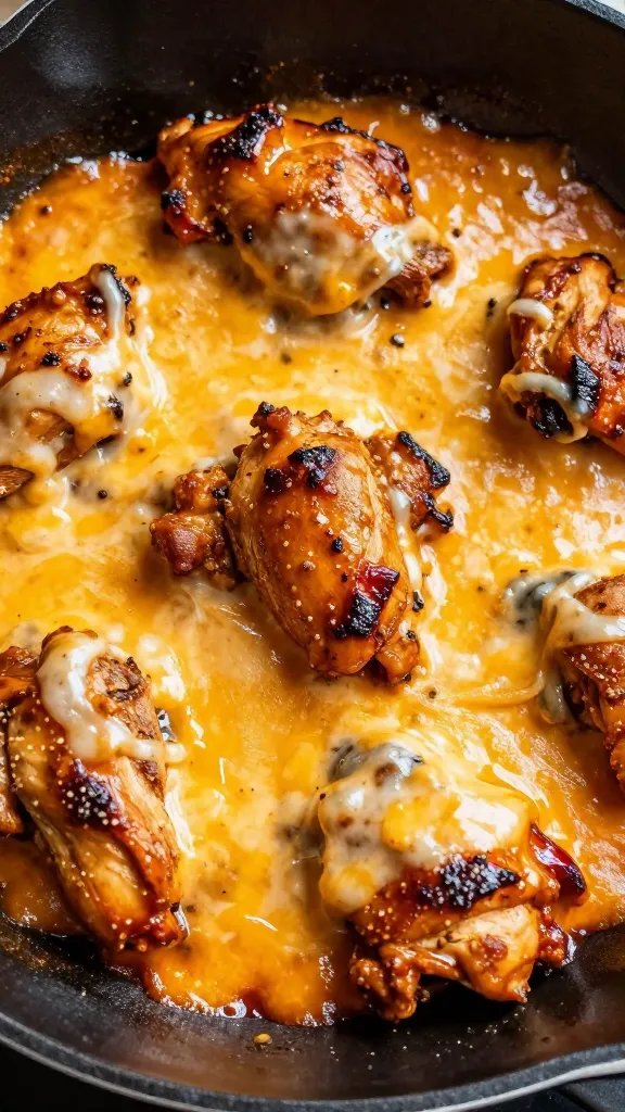 closeup skillet of chipotle chicken thighs with melted cheese