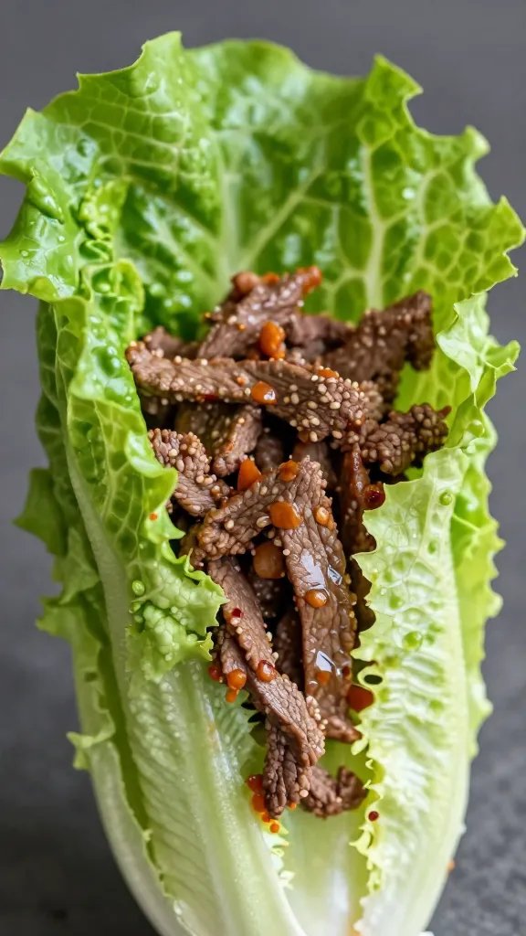 closeup romaine lettuce cup filled with keto taco beef