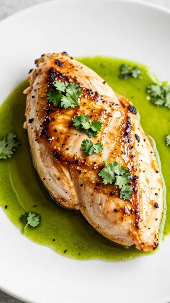 single seared chicken breast with glossy cilantro-lime sauce