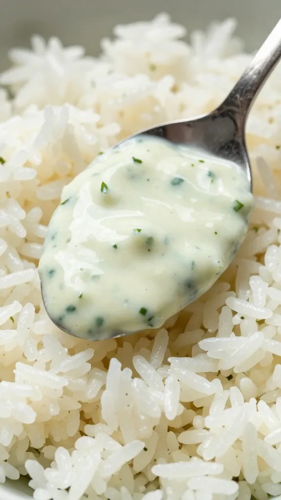 spoonful of creamy cilantro lime sauce over white rice