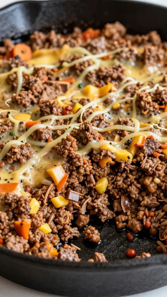 closeup of keto Mexican ground beef casserole in cast-iron skillet