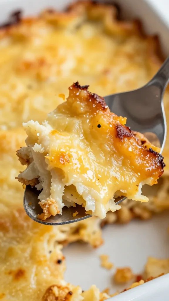 closeup of cheesy browned casserole bite on silver serving spoon