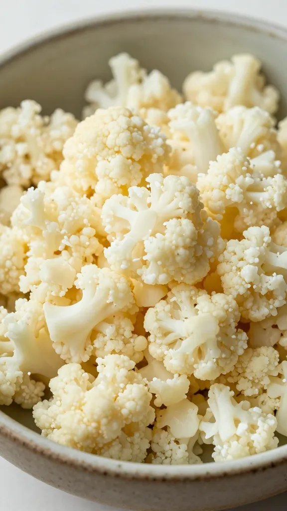 riced cauliflower closeup in rustic ceramic bowl, natural light