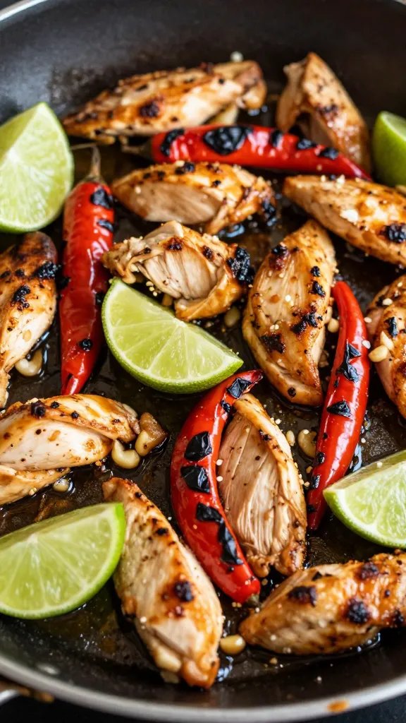 closeup skillet of garlic-lime chicken fajitas, charred peppers