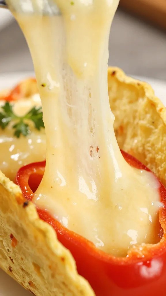 macro of gooey cheese pull from baked taco-stuffed red pepper