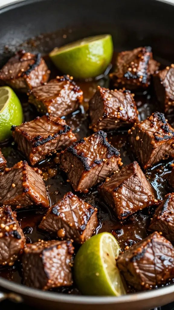 closeup skillet of chipotle lime steak bites, sizzling sear
