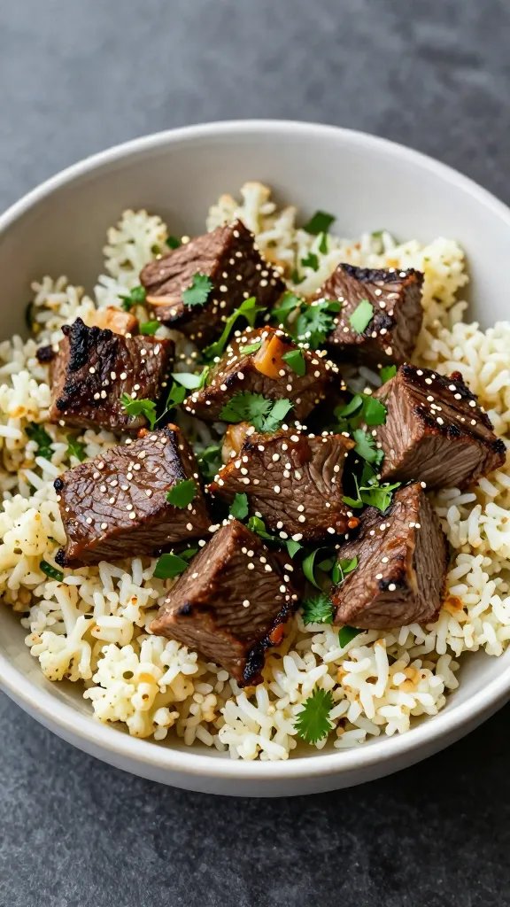 single bowl of keto steak bites on cauliflower rice, cilantro