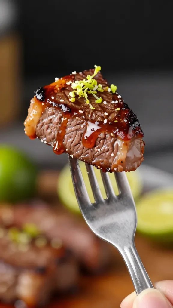 closeup fork holding seared chipotle lime steak bite, lime zest