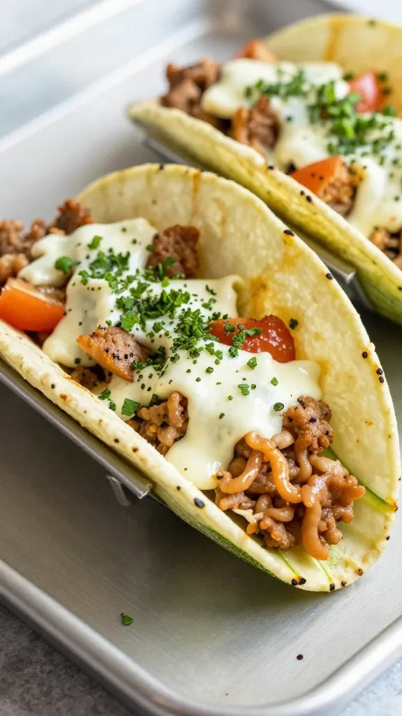 Closeup cheesy keto taco stuffed zucchini boat on sheet pan