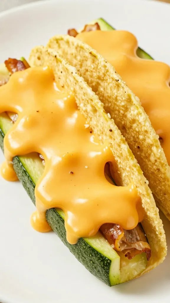 Golden melted cheddar on taco-stuffed zucchini, overhead closeup