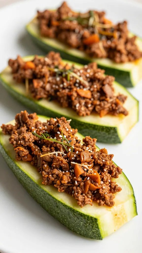 Spoonful of spiced taco meat filling for zucchini boats, macro