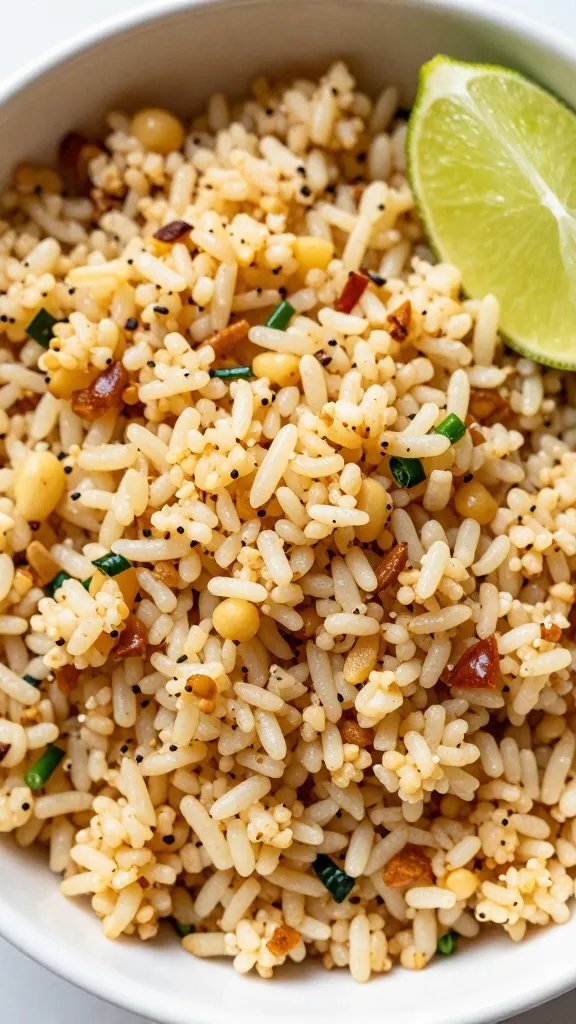 closeup bowl of keto Mexican cauliflower rice with lime wedge
