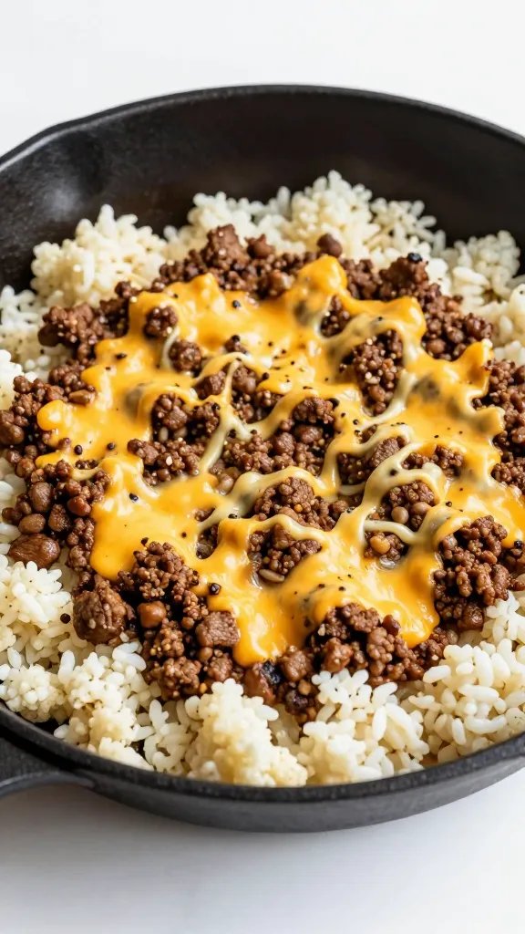 skillet of spiced ground beef over cauliflower rice, cheese melted