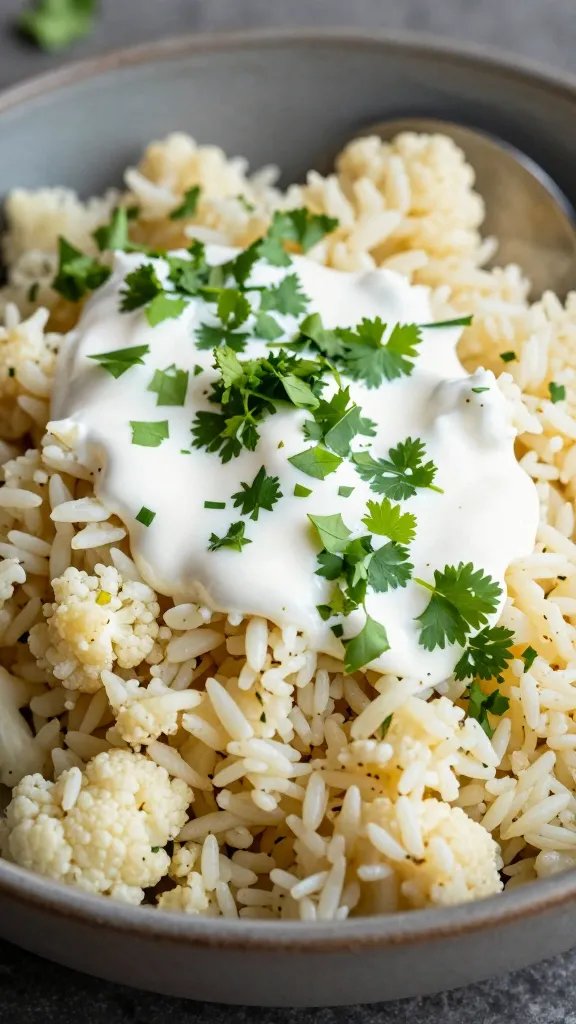 spoonful of cauliflower rice fiesta topped with cilantro and crema