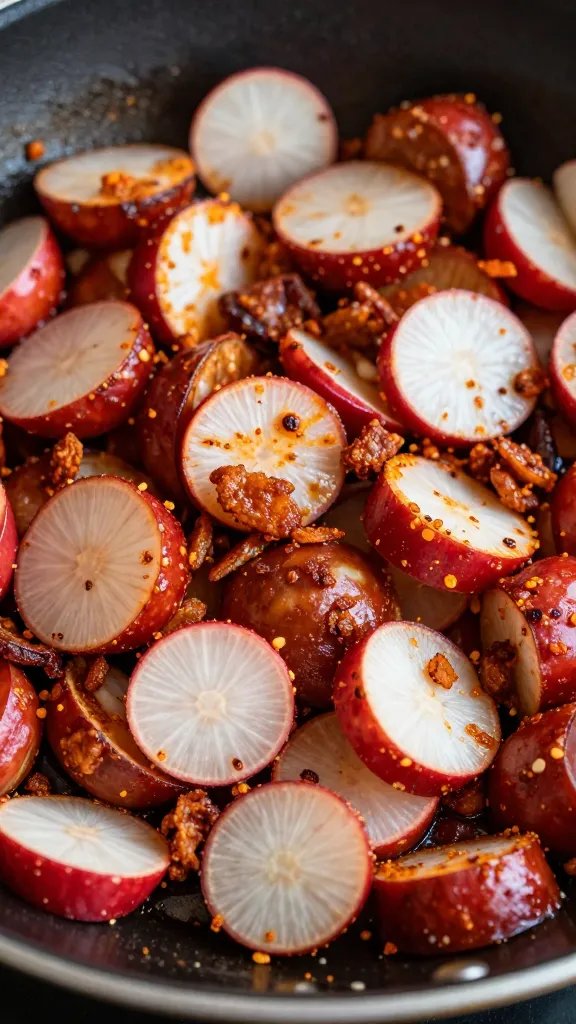 closeup skillet of spicy chorizo radish hash, crispy edges
