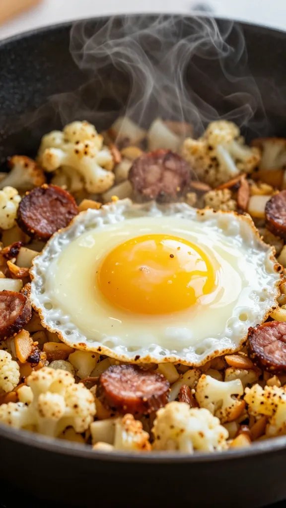 single sunny-side egg on chorizo cauliflower hash, steam rising
