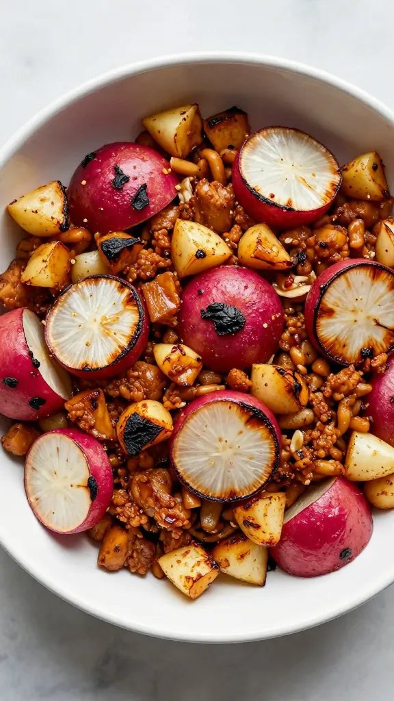 overhead bowl of keto chorizo hash with charred radishes