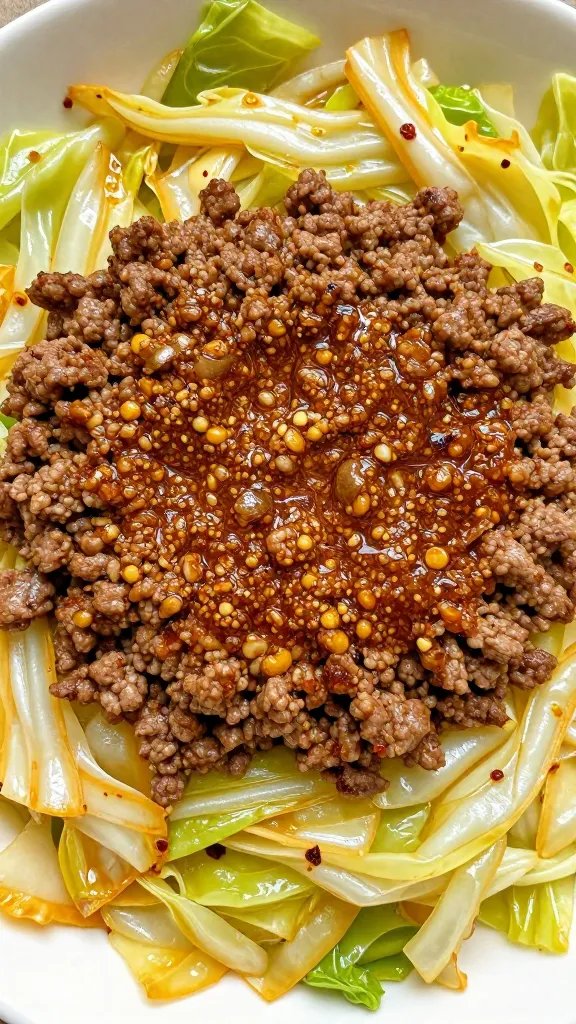 spiced ground beef mound on sautéed cabbage, overhead closeup