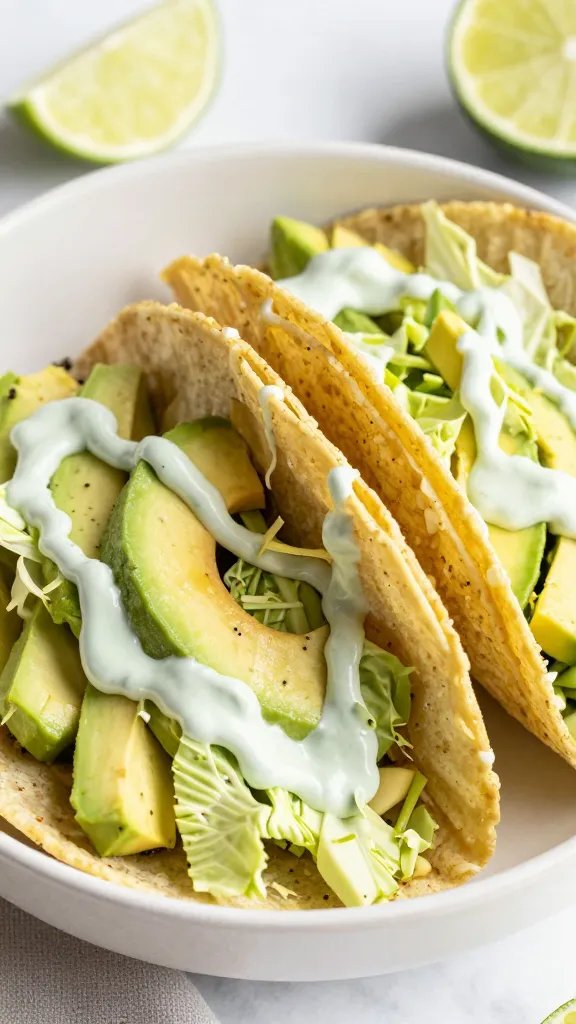 avocado-lime crema drizzle on cabbage taco bowl, macro shot