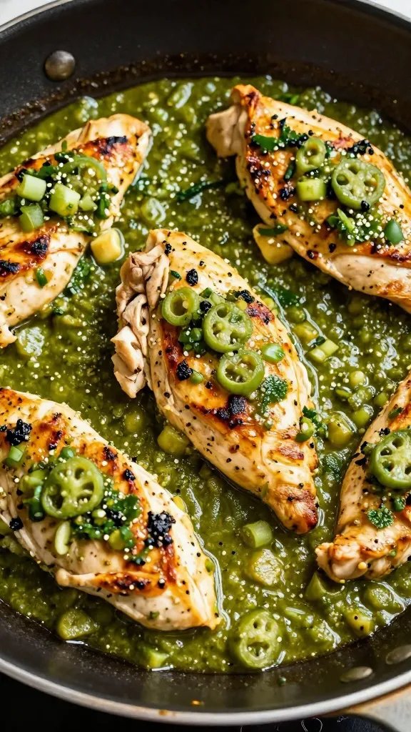 closeup skillet of keto salsa verde chicken thighs, broiled