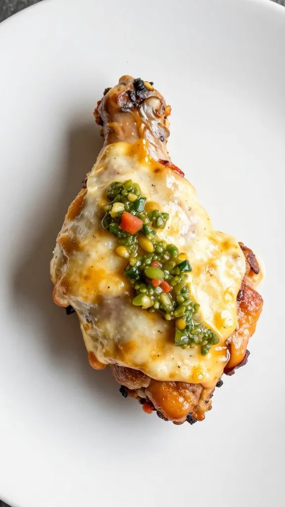 single plated chicken thigh with melted cheese and salsa verde