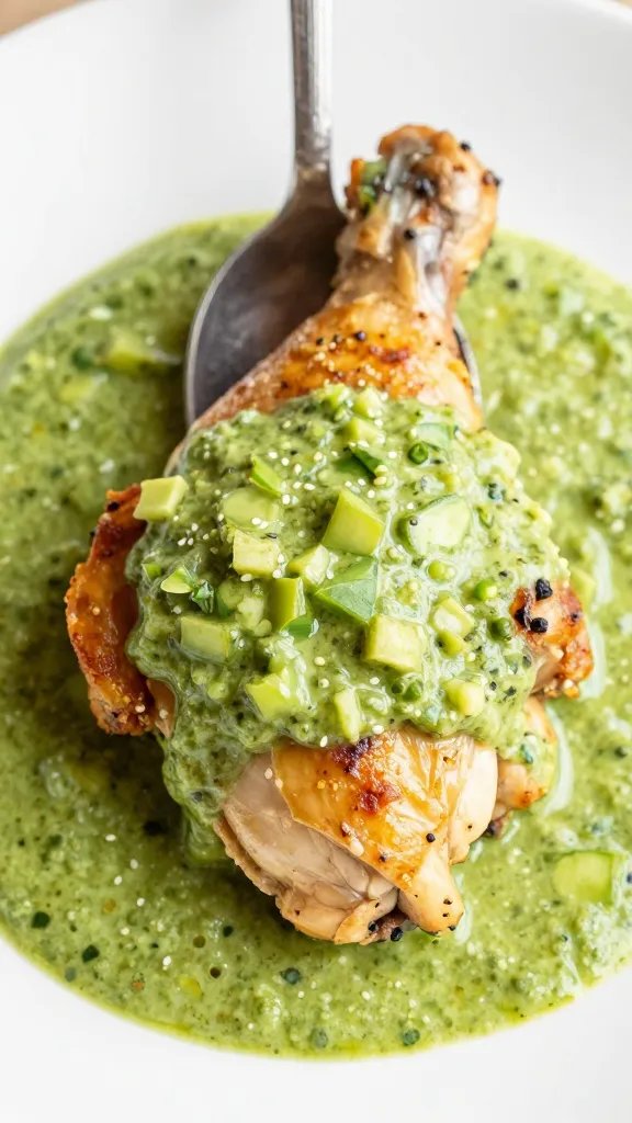 spoonful of creamy salsa verde over baked chicken thigh