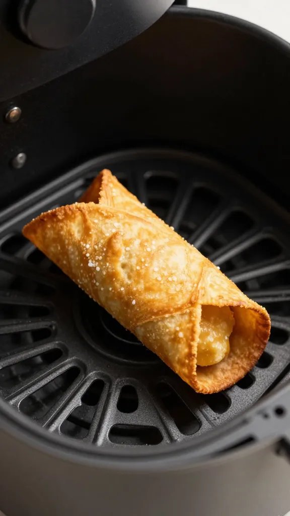 air fryer basket with single golden taquito, shallow depth of field