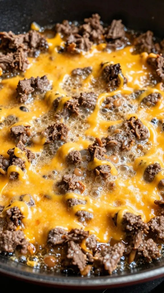 closeup skillet of keto Mexican beef bubbling with melted cheese