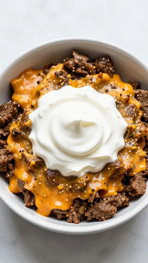 single bowl of cheesy keto taco beef topped with sour cream