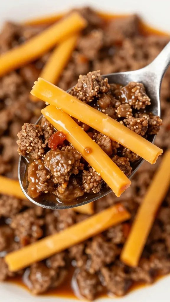 closeup spoonful of saucy ground beef with browned cheddar strands