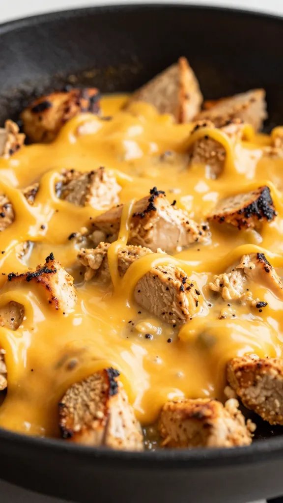 closeup skillet of smothered taco chicken with melted cheddar