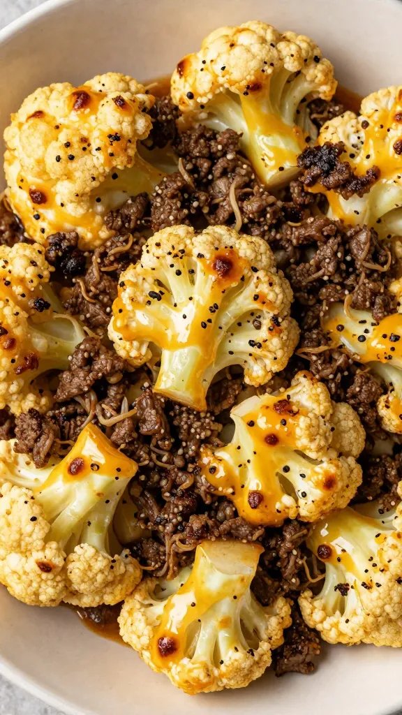 overhead shot of cheesy cauliflower floret with taco beef topping