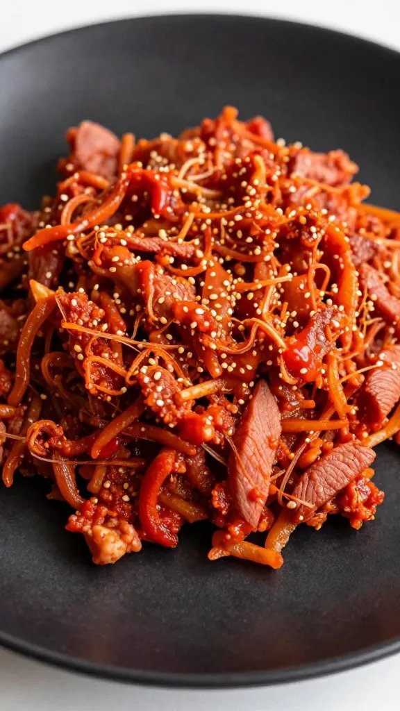 closeup shredded salsa roja pork on matte black plate