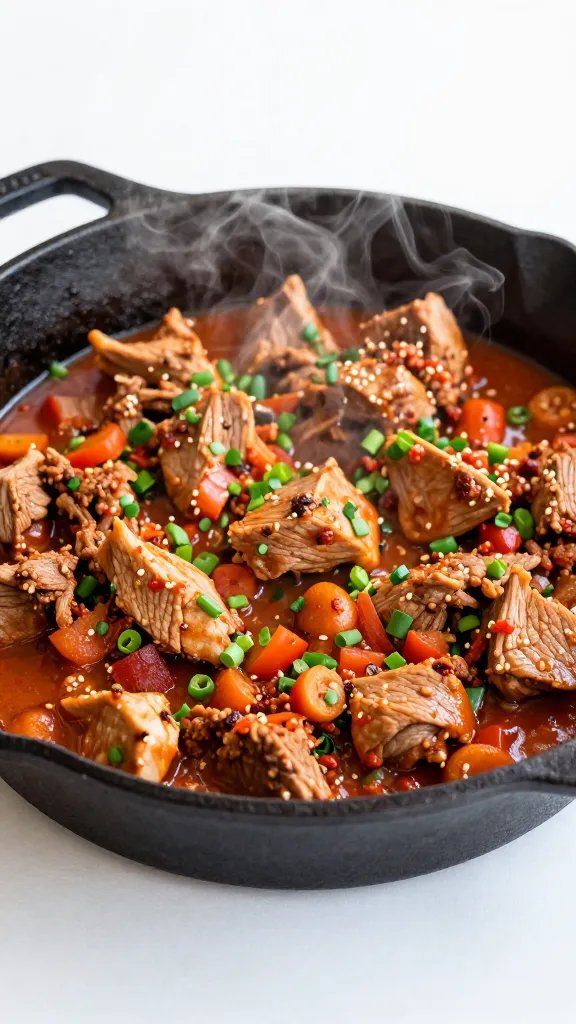 keto salsa roja pork in cast-iron skillet, steam rising