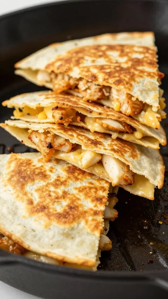 closeup keto cheesy chicken quesadilla skillet, golden crisp edges