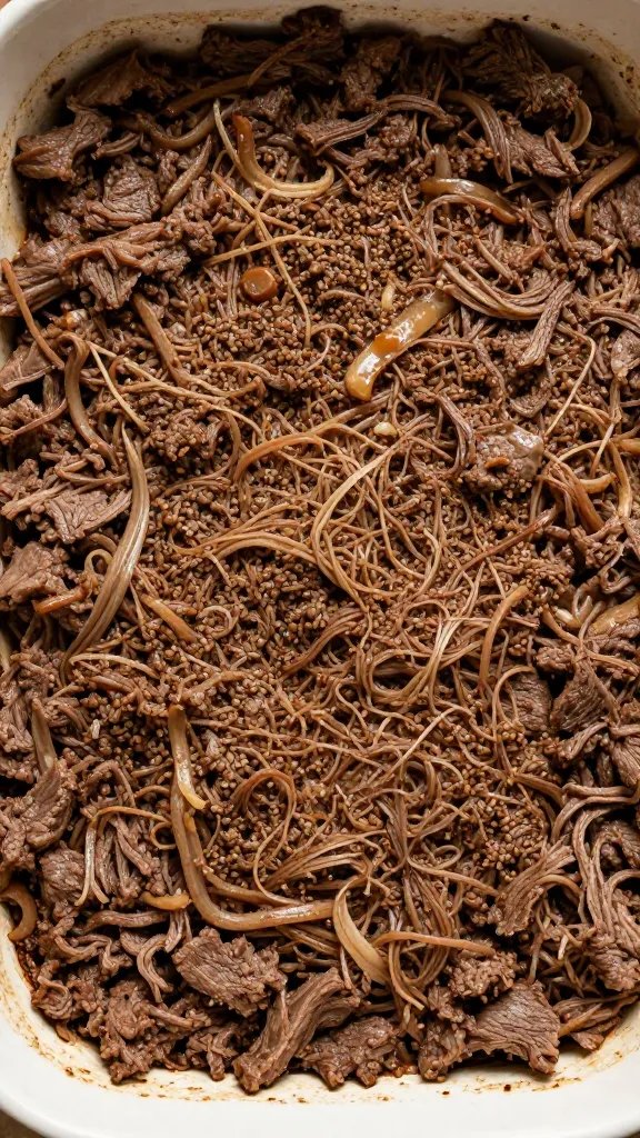 browned seasoned beef layer in casserole dish, overhead closeup
