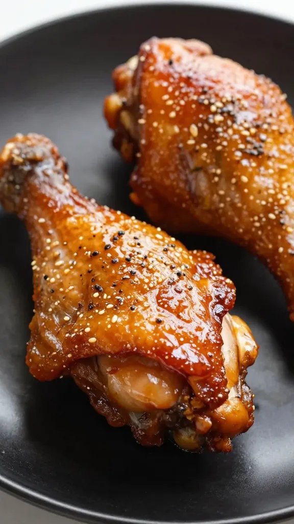 closeup of glazed keto adobo chicken thigh on black plate
