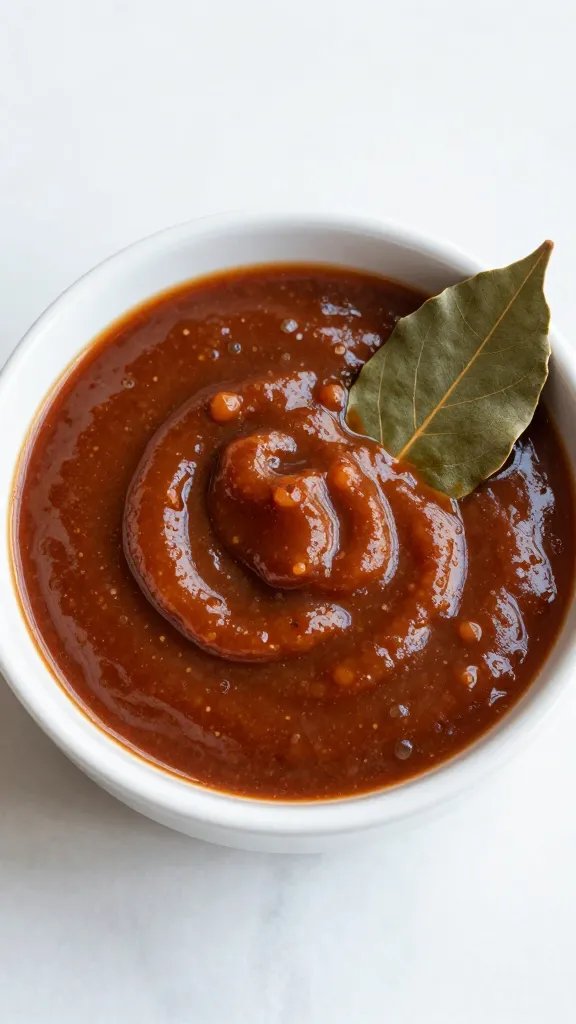 single bowl of reduced adobo sauce with bay leaf