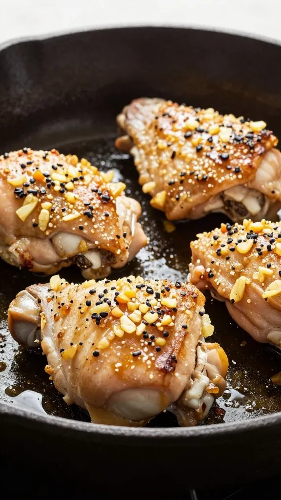 garlic-studded chicken thigh searing in cast-iron skillet