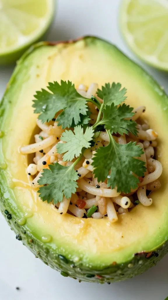 closeup of keto Mexican stuffed avocado with cilantro-lime garnish