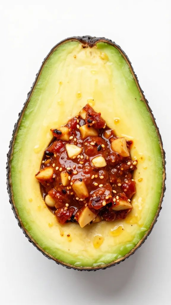 overhead shot of halved avocado filled with spicy chorizo