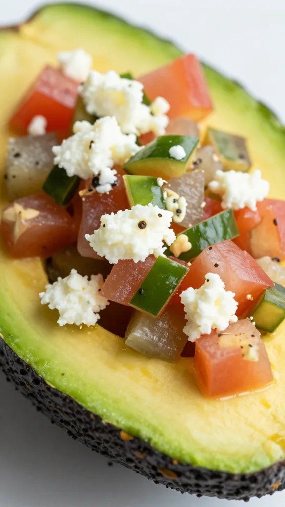 macro of avocado boat topped with pico de gallo and queso