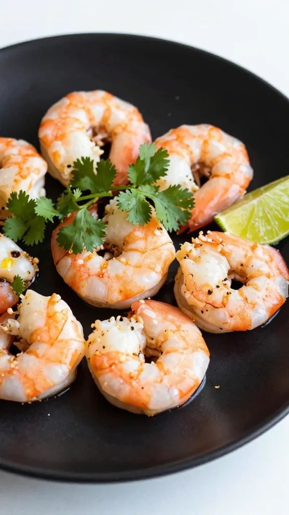 closeup cilantro lime shrimp bowl on matte black plate