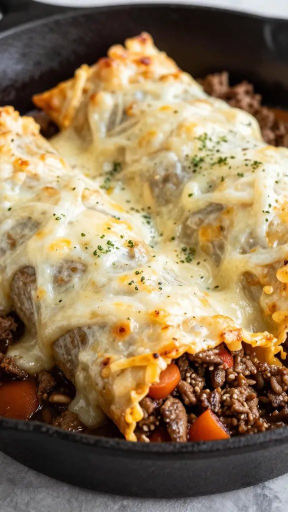 closeup of cheesy keto beef enchilada skillet in cast iron