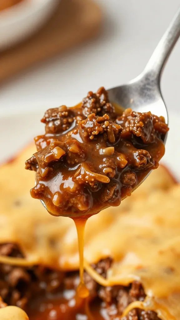 single spoonful of saucy keto beef enchilada topping, dripping cheese