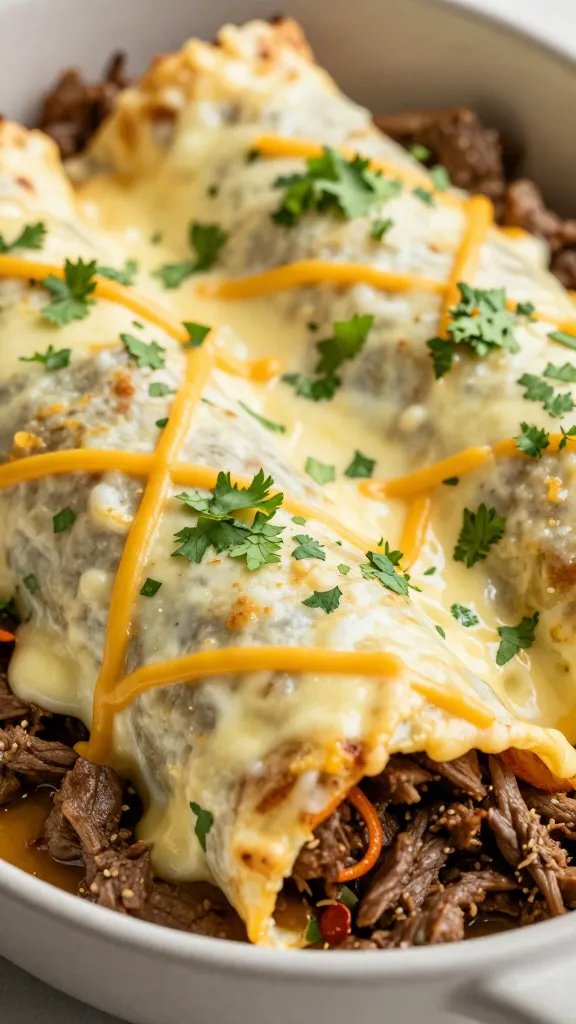 closeup bowl of keto beef enchilada skillet with melted cheddar and cilantro