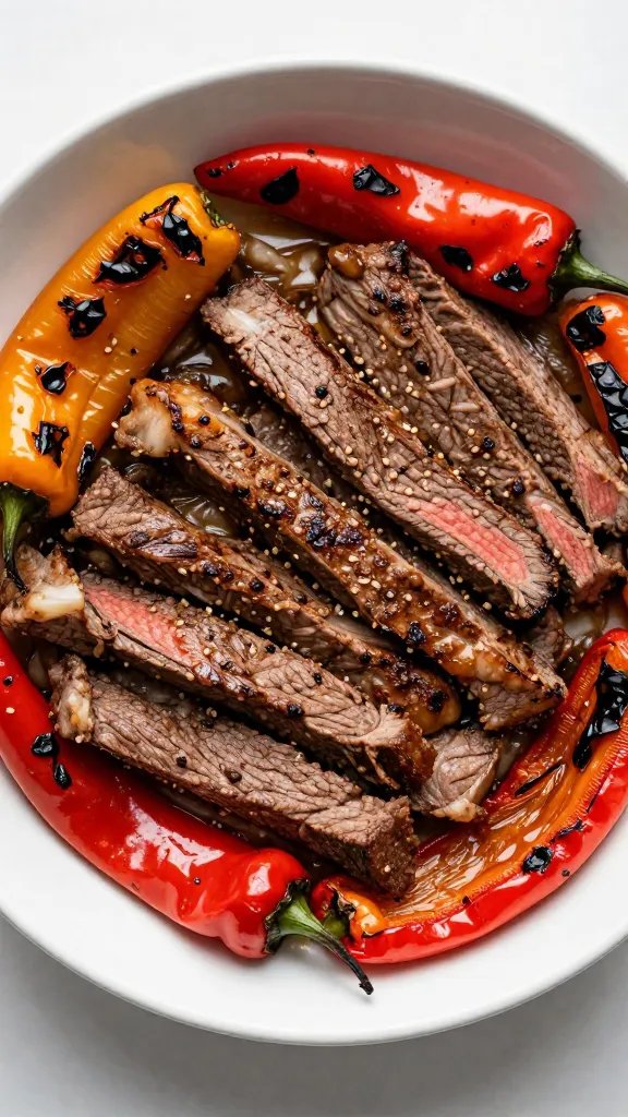 closeup keto fajita steak bowl with charred peppers, overhead