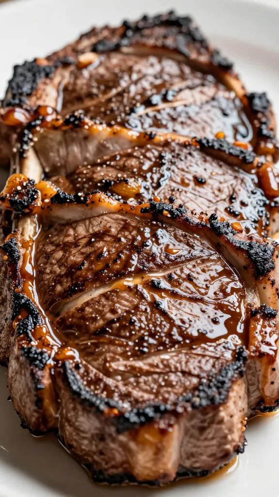 seared ribeye slices with smoky marinade glaze, macro shot