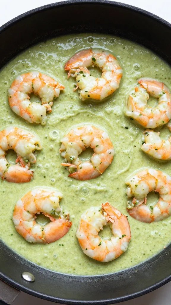 closeup skillet of creamy salsa verde shrimp, overhead