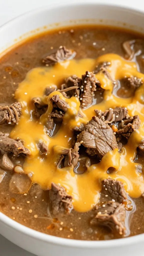 closeup bowl of keto beef taco soup with melted cheese